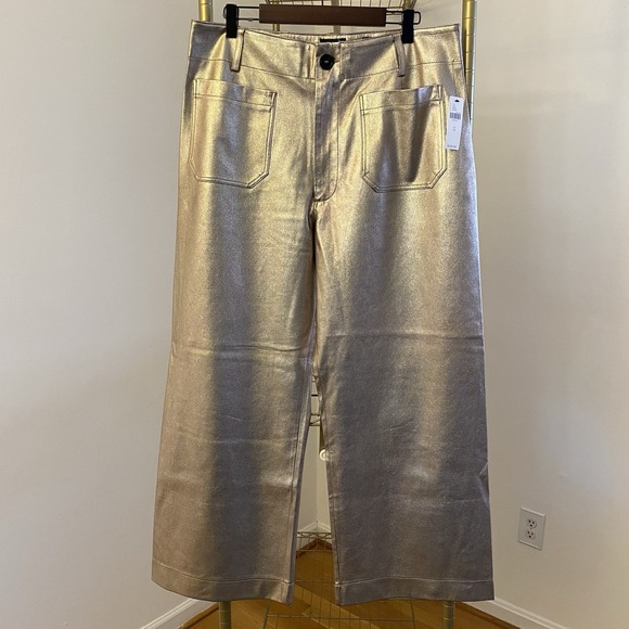 NWT Anthropologie Gold Metallic Colette Cropped Wide-Leg Faux Leather Pants 32